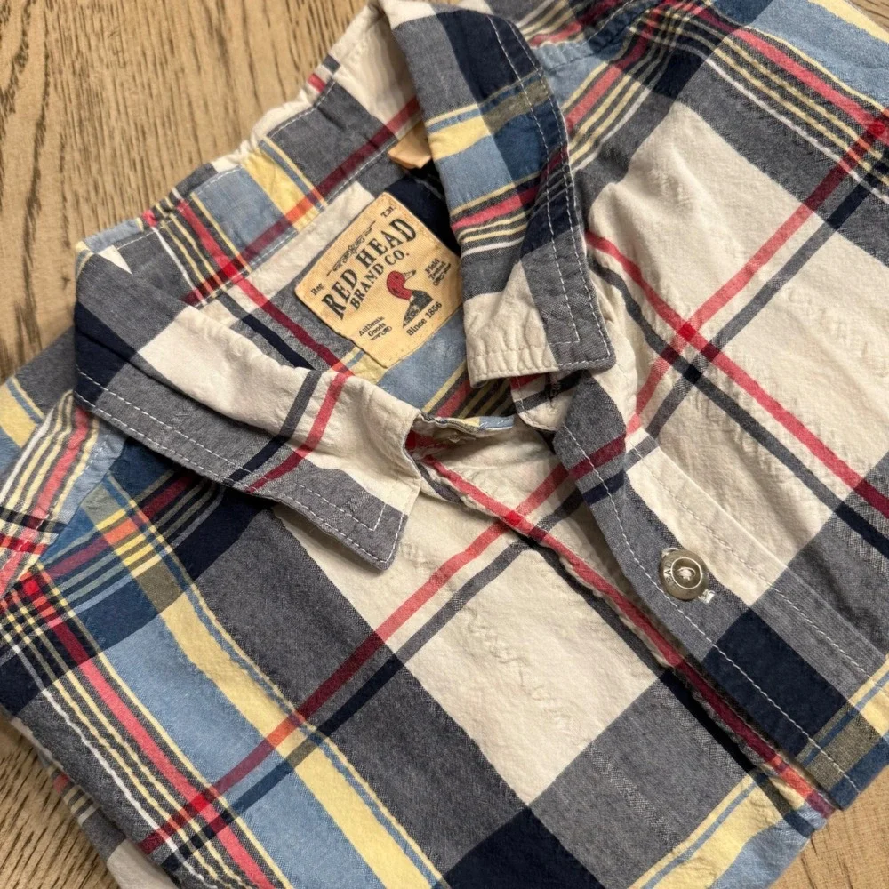 Red Head Brand Co Mens Large Short Sleeve Plaid Button Down Shirt Blue White Red